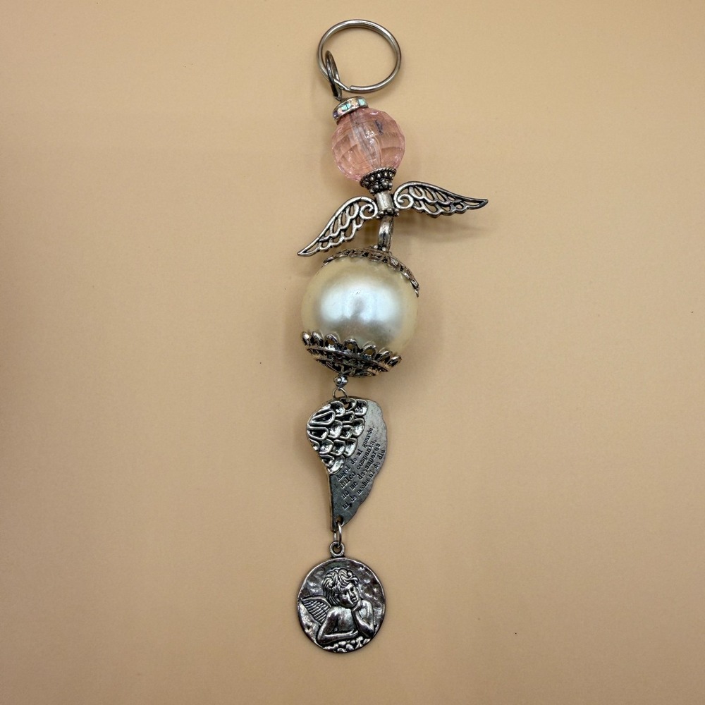Guardian Angel Keychain Pearl Pink Bead Cherub Wing Charm Religious Prayer Gift